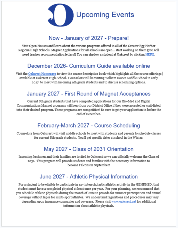 A schedule for 2022 lists upcoming events. December has curriculum guides, January has first round of magnet acceptances, February-March has course scheduling, May-June has orientation, and June has athletic physical information.