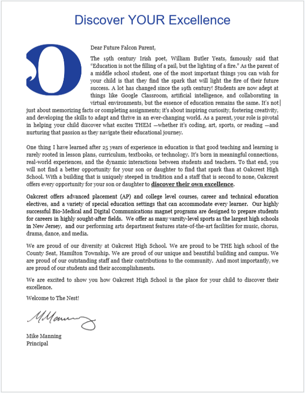 A letter with a blue logo and bold blue text. The text reads "Discover YOUR Excellence" and mentions Oakcrest High School.