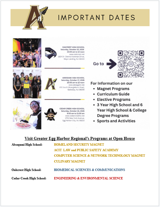 A flyer with 'Important Dates' at top, photos of students, a QR code, and information about school programs and events.