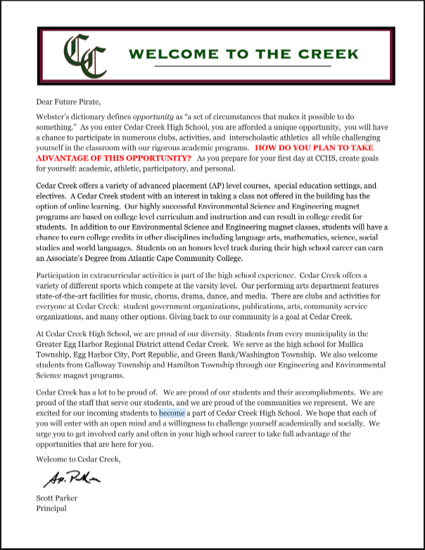 A letter from Creek Charter High School includes a logo, signature, and details about opportunities and programs.