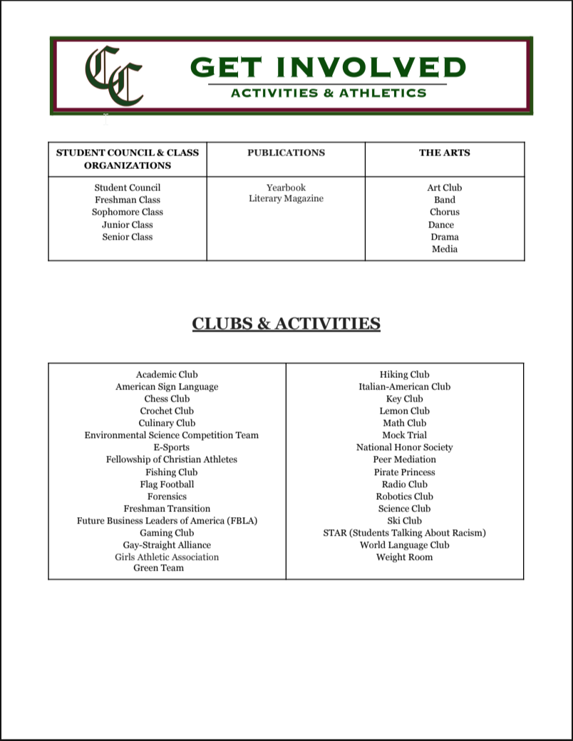 A list of student clubs, activities, and athletics is shown with headings. Background is white.
