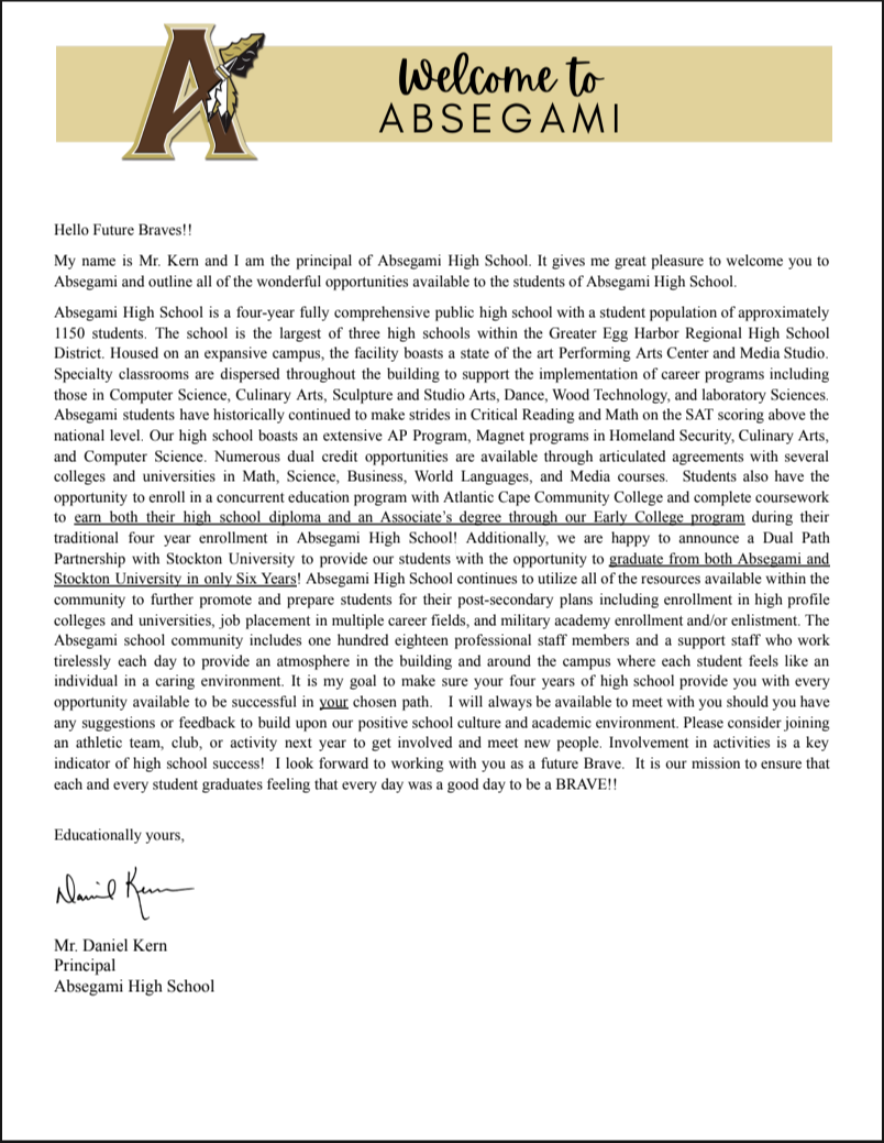 A welcome letter from Absegarni High School Principal Mr. Kerm, with the school's logo and a text introduction.