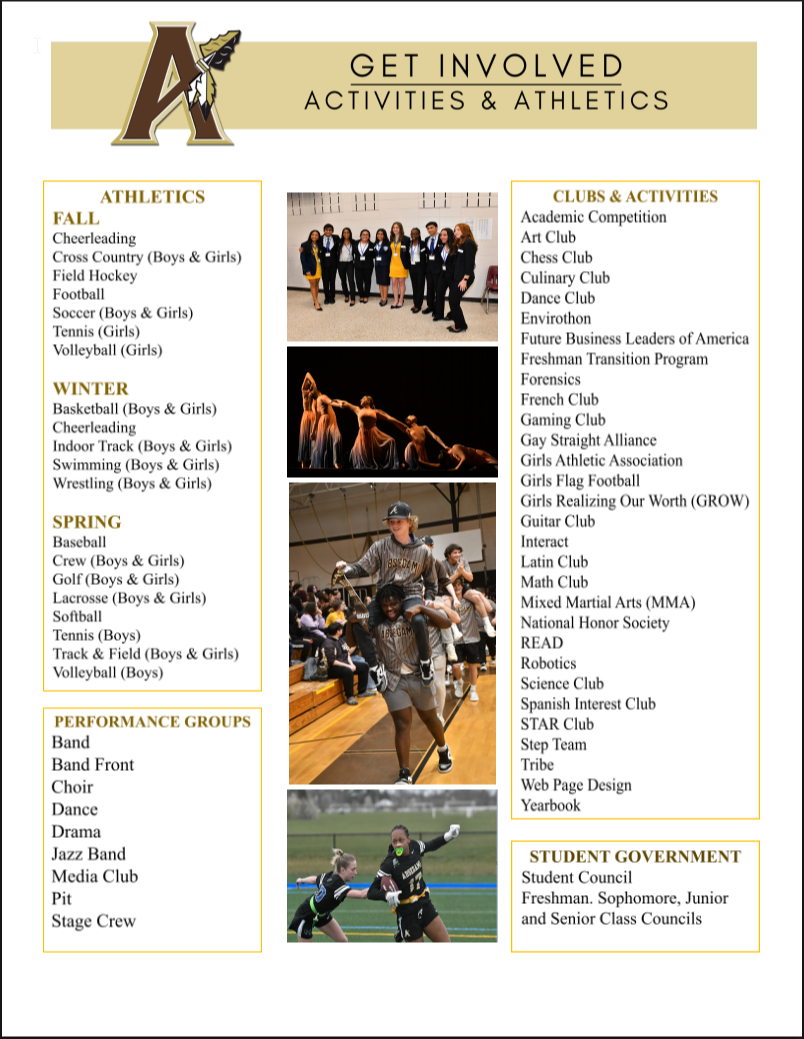 A page lists various activities, divided by season, including sports, clubs, and performance groups. A few photos depict sports and dance.