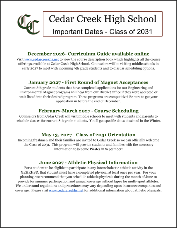 A white page displays text in bold, black font. It has headings, subheadings, and dates. The title reads "Important Dates - Class of 2031".