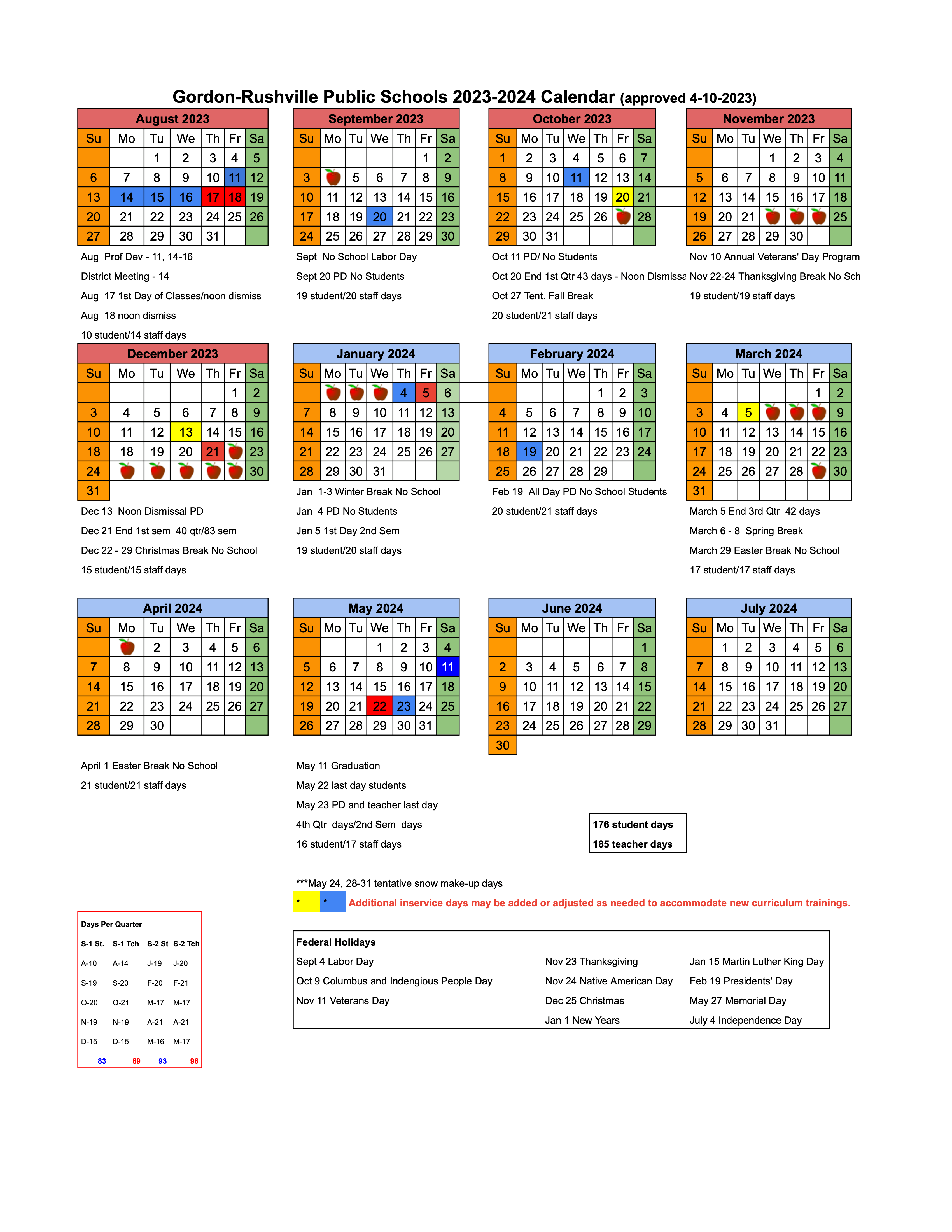GRPS 202324 School Day Calendar GordonRushville Public Schools