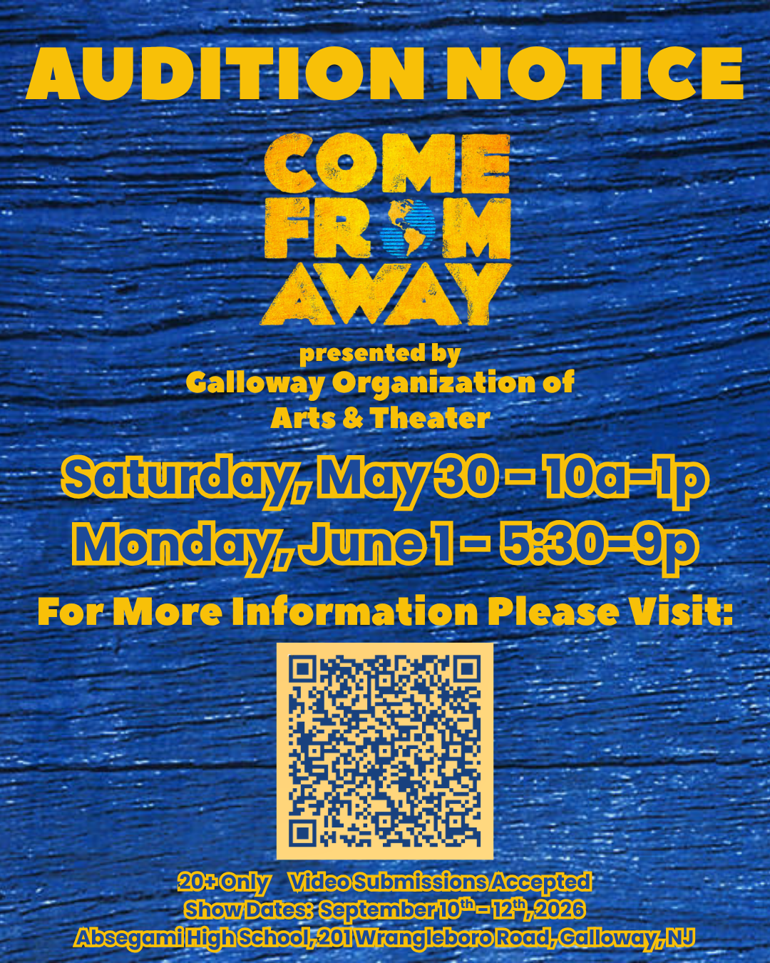 An audition notice for "Come From Away" is displayed on a blue background with a QR code.