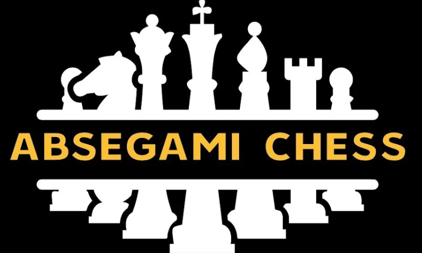 A chess board with various pieces, including a king, queen, knights, and castles, is on a black background. The text "ABSEGMI CHESS" is written in yellow.