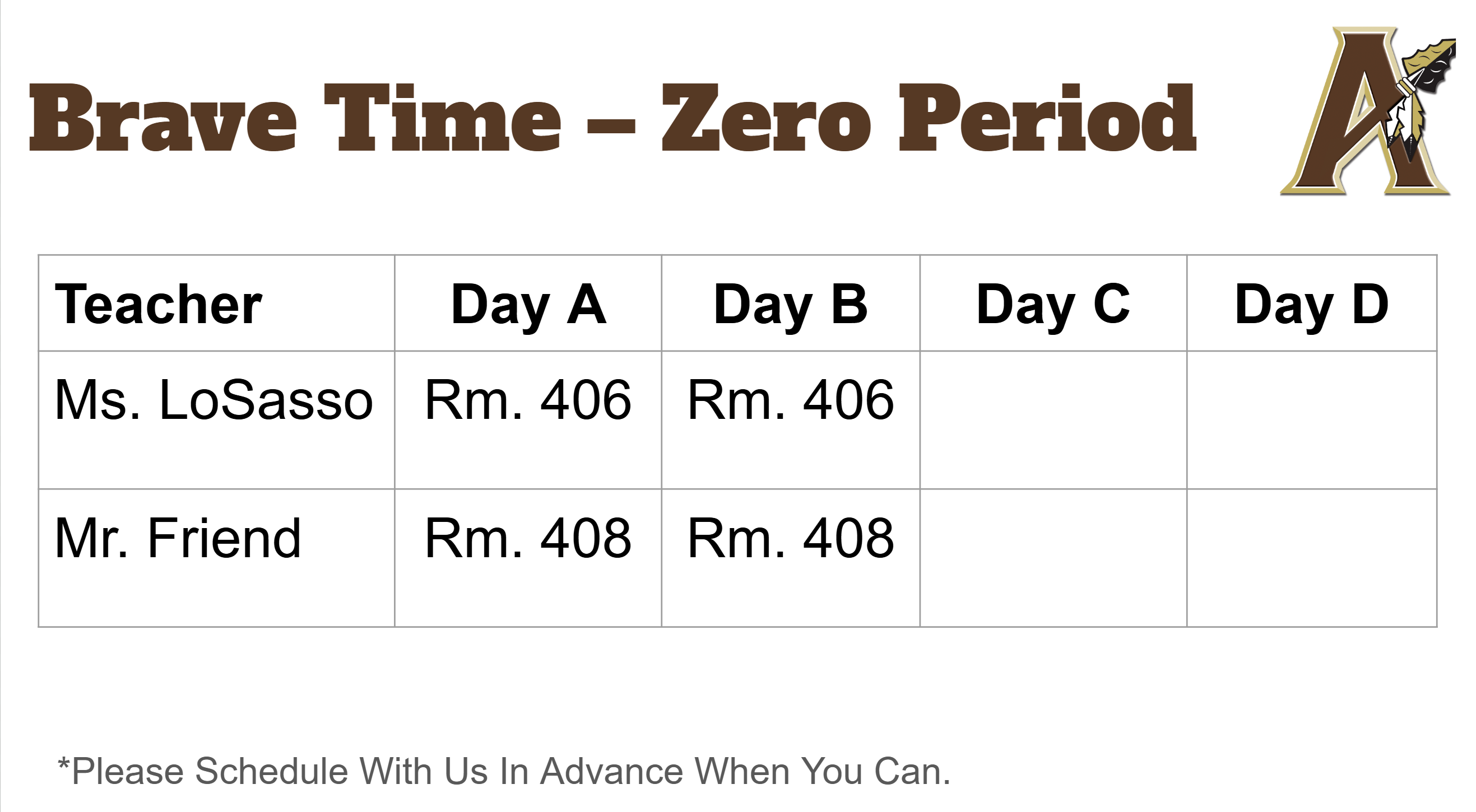 A grid lists teachers and their room numbers for Days A through D. A logo is at the top right.