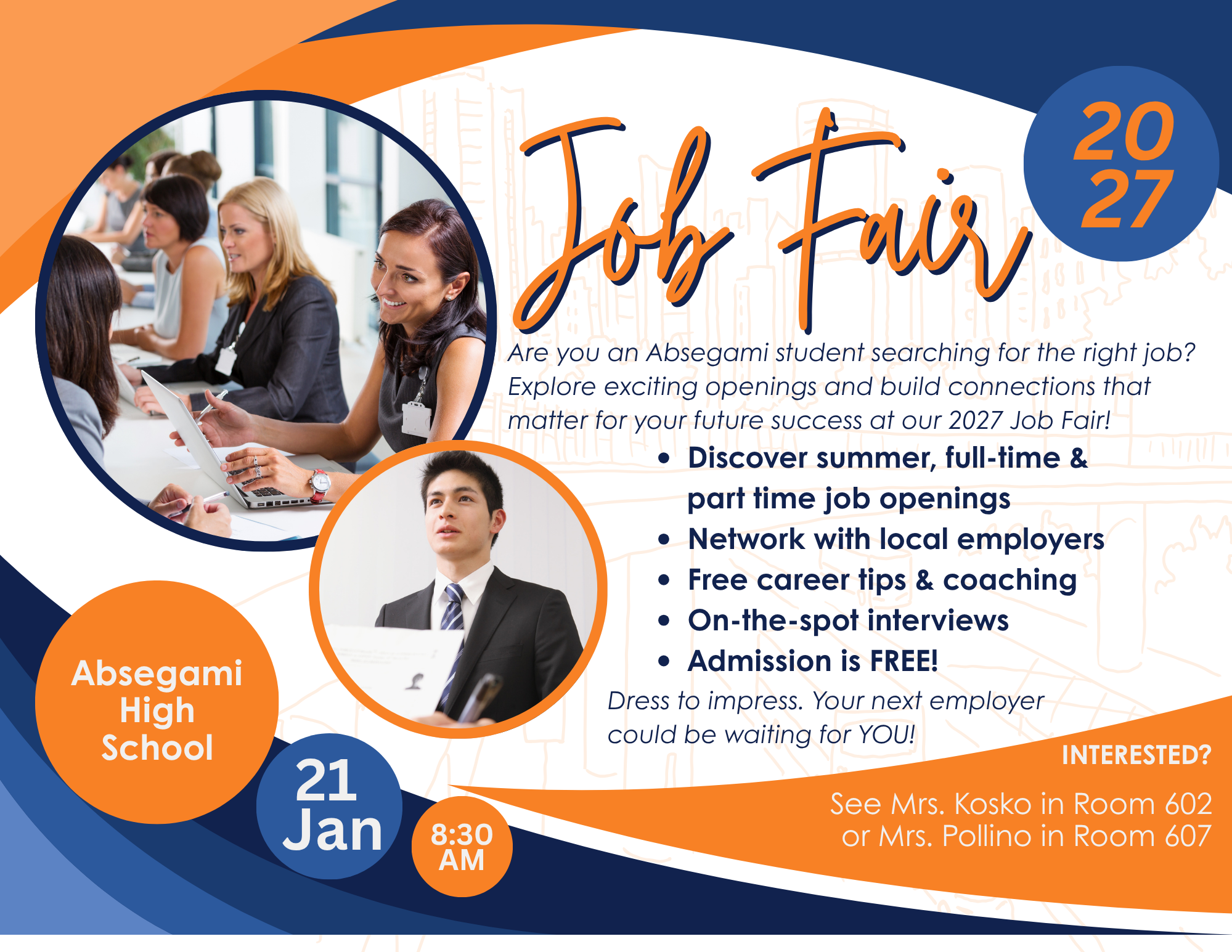An advertisement for a job fair shows students using laptops. Text highlights networking opportunities and free interviews. It includes dates and contact information.