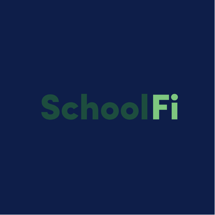 Blue background with "SchoolFi" in green letters, "School" in bold and "Fi" in regular font.