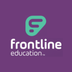 Purple background with green letter "E" inside an open green circle and "Frontline Education" written in white.