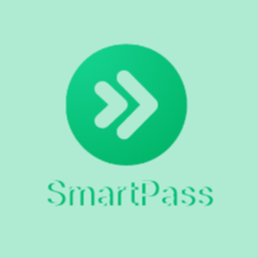 Green circle with white arrows in middle. Below it is the word "SmartPass" in white.