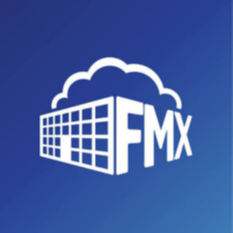 White cloud-shaped logo with "FMX" in large white letters over a building-like shape on a blue background.