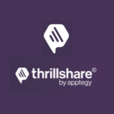Purple background with white logos; one logo features a speech bubble, the other reads "thrillshare" and "by appteg".