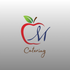 Logo with apple design and "M Catering" text on gray background, red apple with green leaf, blue cursive letters