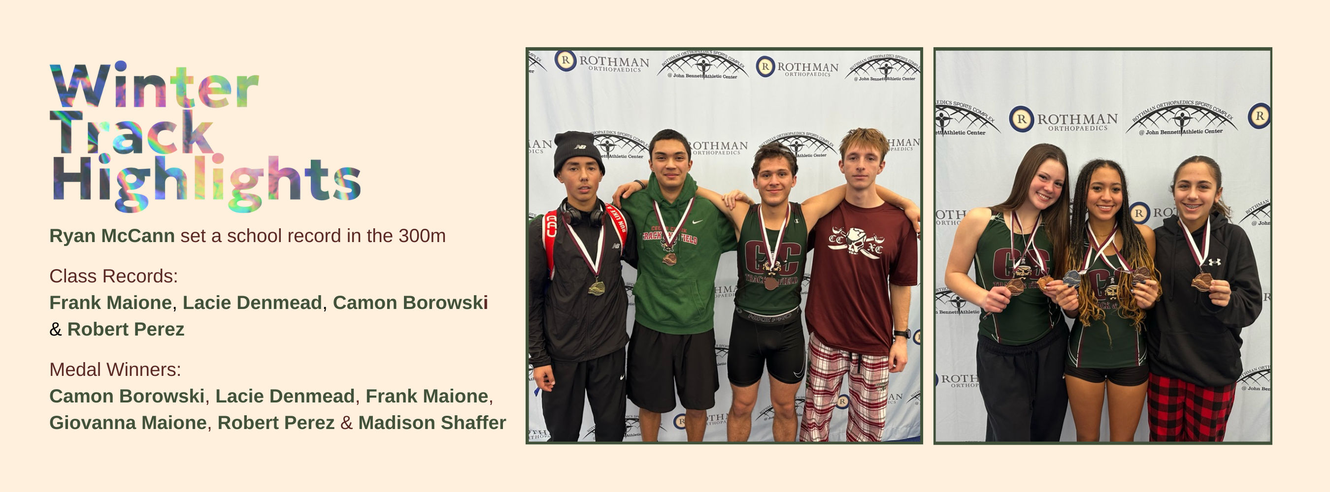Winter Track Highlights Ryan McCann set a school record in the 300m &amp; Robert Perez won the 1k Class Records: Frank Maione, Lacie Denmead, Camon Borowski &amp; Robert Perez Medal Winners: Camon Borowski, Lacie Denmead, Frank Maione, Giovanna Maione, Robert Perez &amp; Madison Shaffer