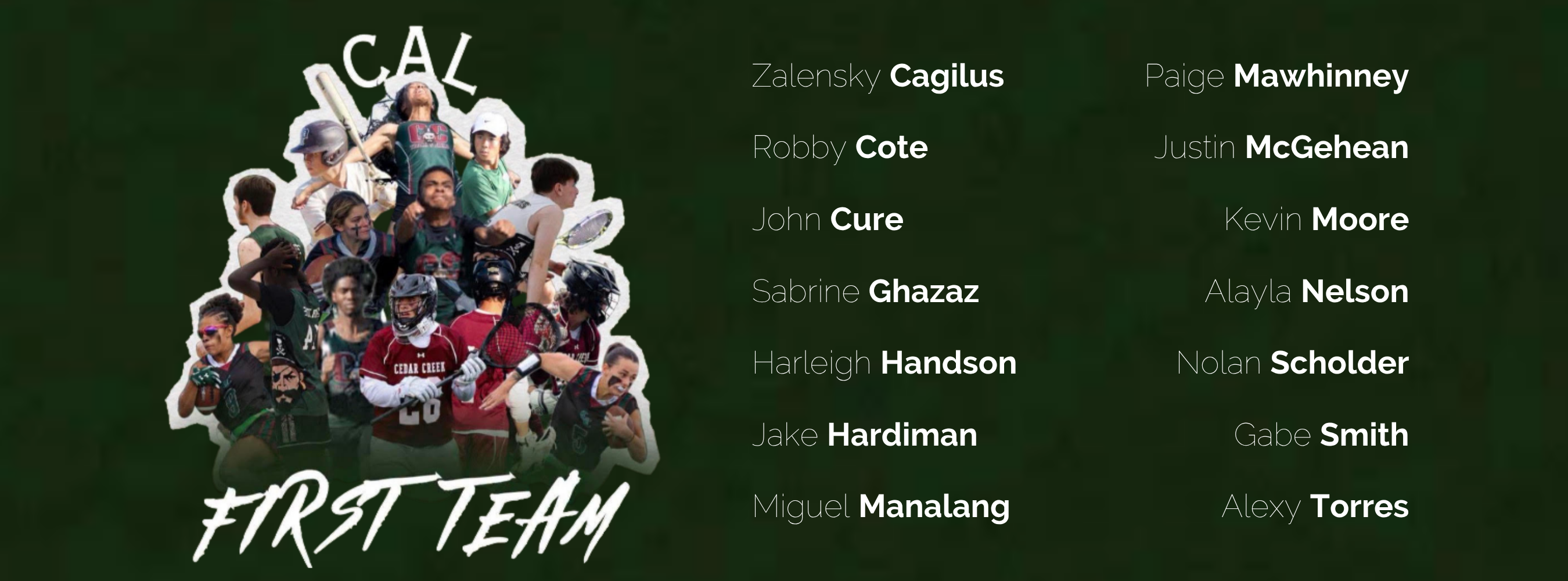 A green poster with text reading "CAL FIRST TEAM" displays a group of people in various colors and poses.