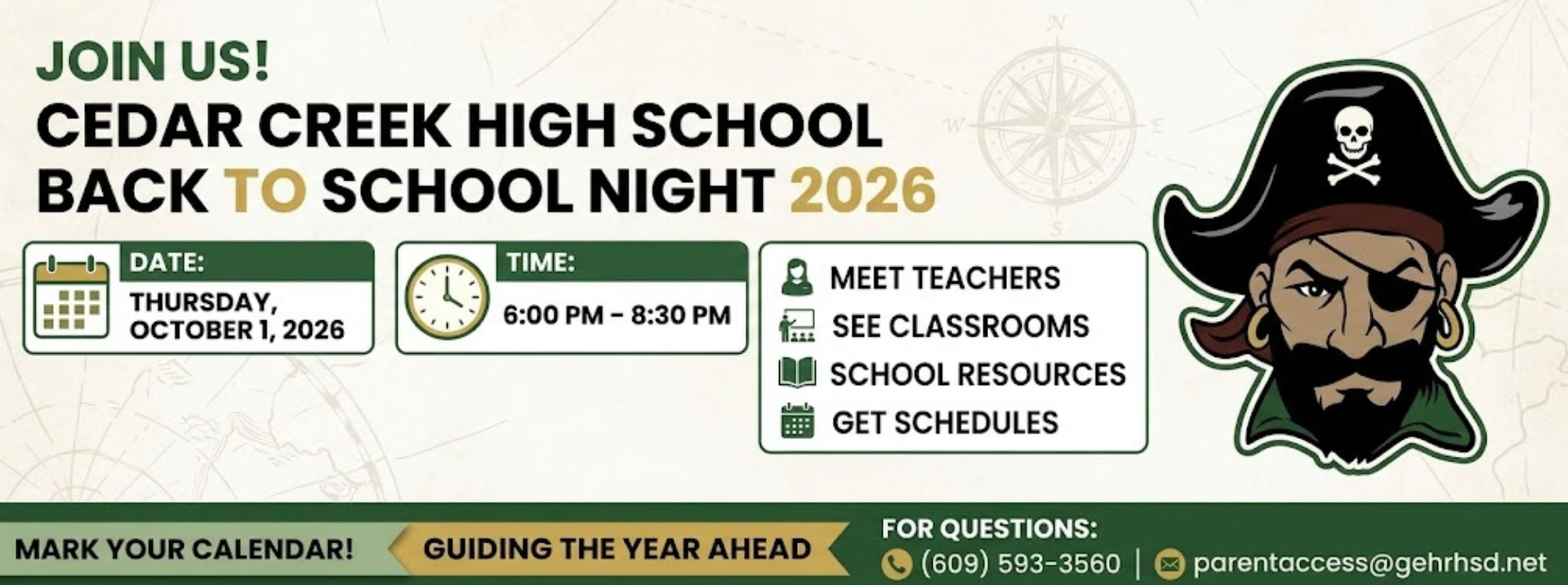 An announcement for Cedar Creek High School Back to School Night 2026, with a pirate logo, date, time, and activities.