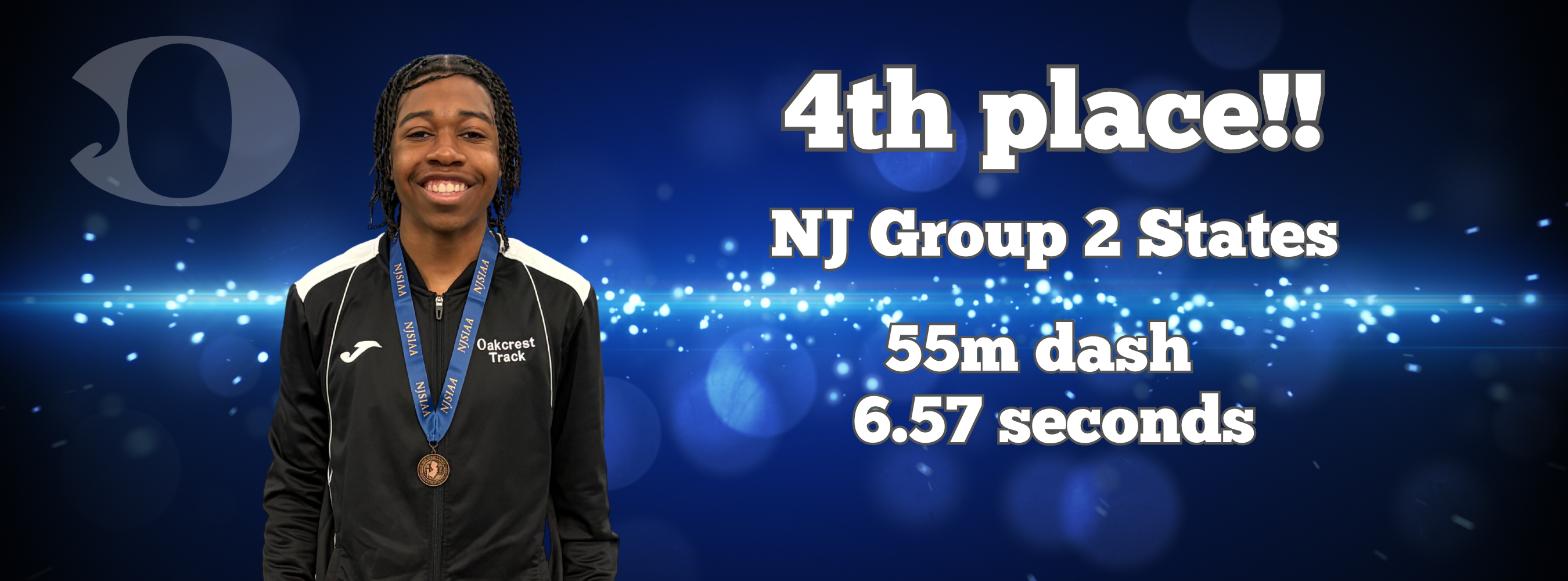 A young woman poses with a medal on a blue background. Text reads: 4th place, NJ Group 2 States, 55m dash, 6.57 seconds.