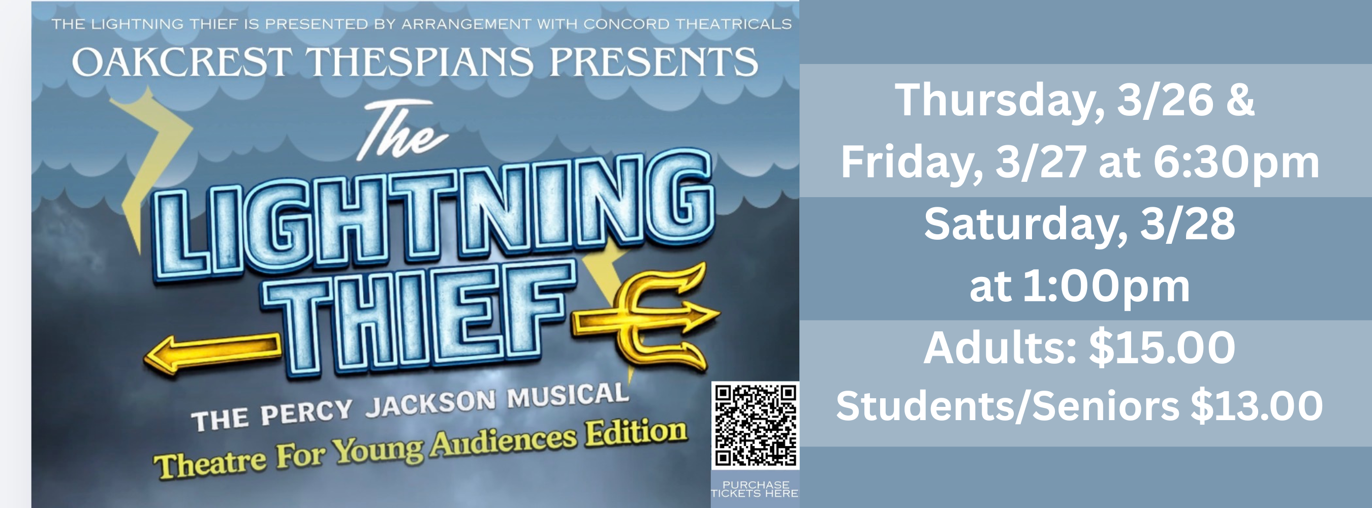 A poster advertises "The Lightning Thief" with dates and prices. Background is dark blue.