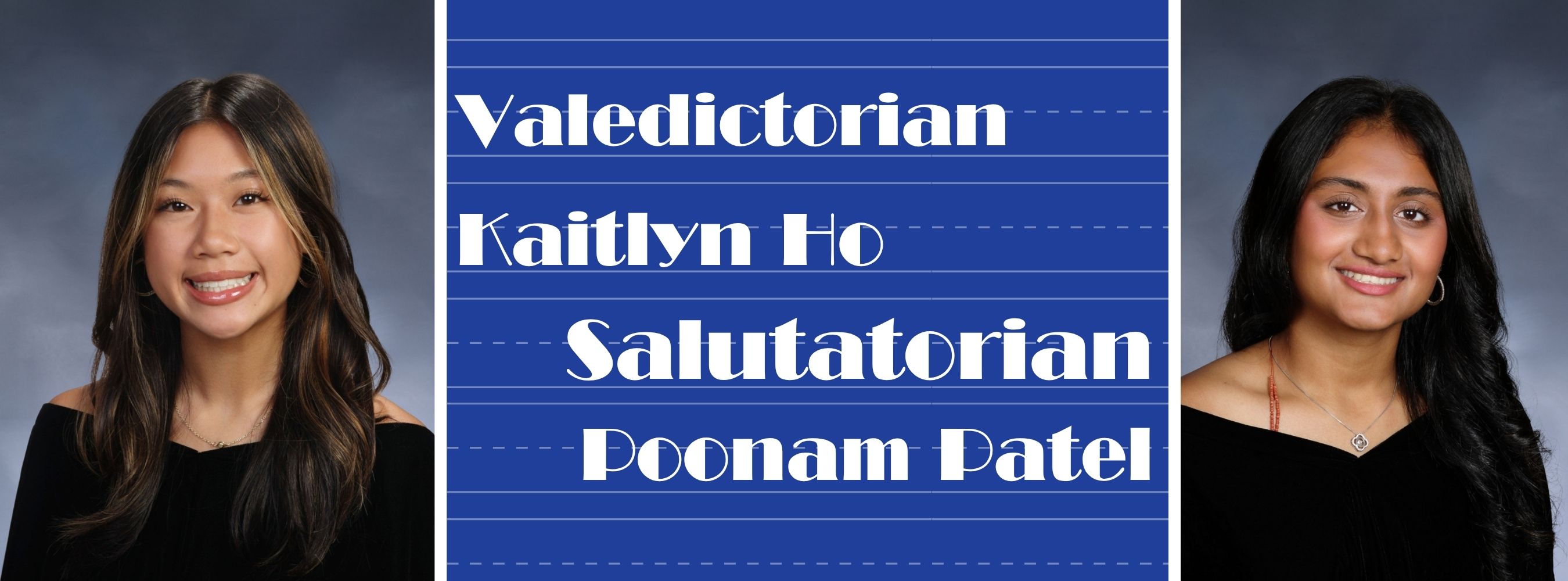 Two women stand in front of a blue background with text. The left woman is smiling, and the right woman has her hair down.