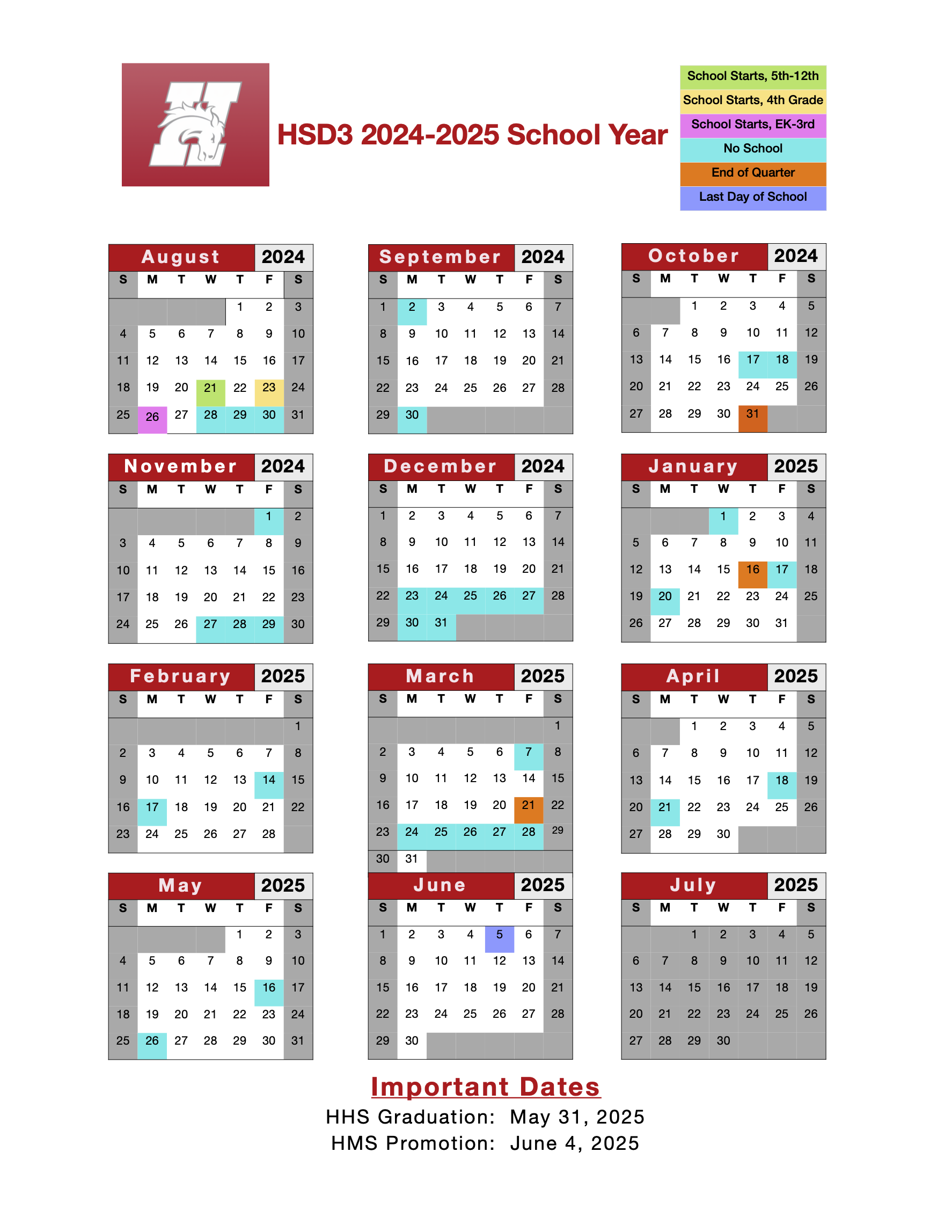 District Calendars Hamilton School District 3