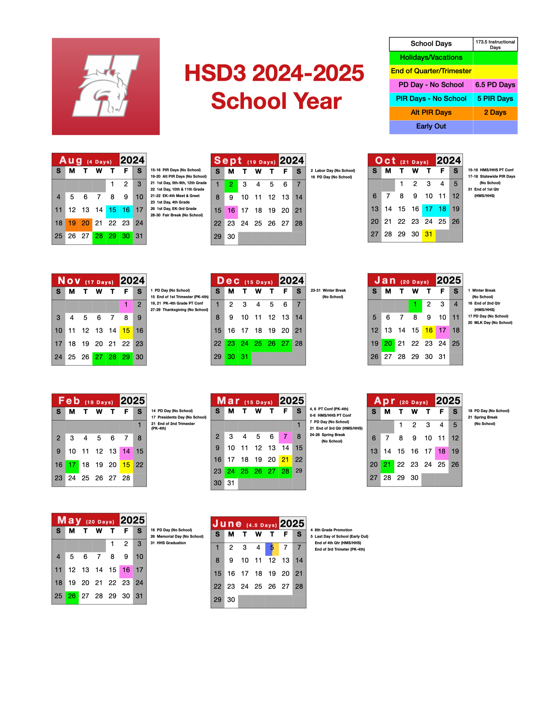 District Calendars Hamilton School District 3