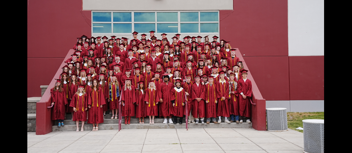 Photo of the graduating class of 2026 on the front steps of the hamilton high school