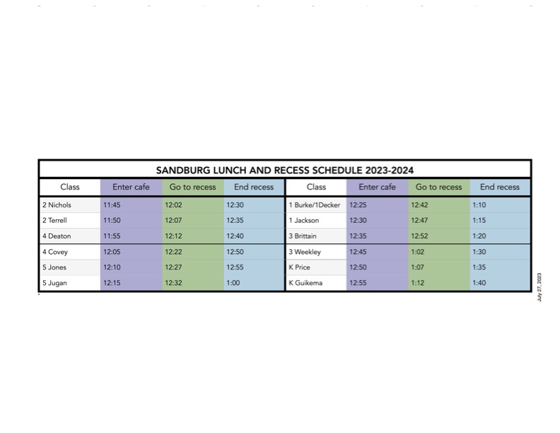 LUNCH AND BREAKFAST SCHEDULE SANDBURG ELEMENTARY