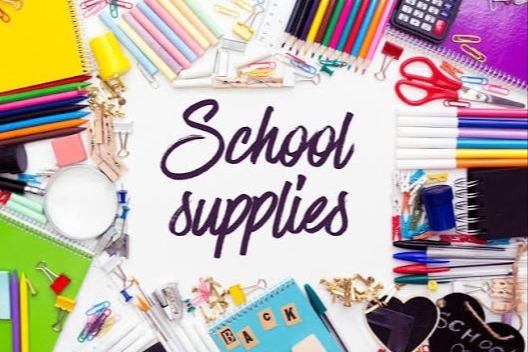 Various school supplies are displayed on a white background, including pens, pencils, erasers, scissors, and other items.
