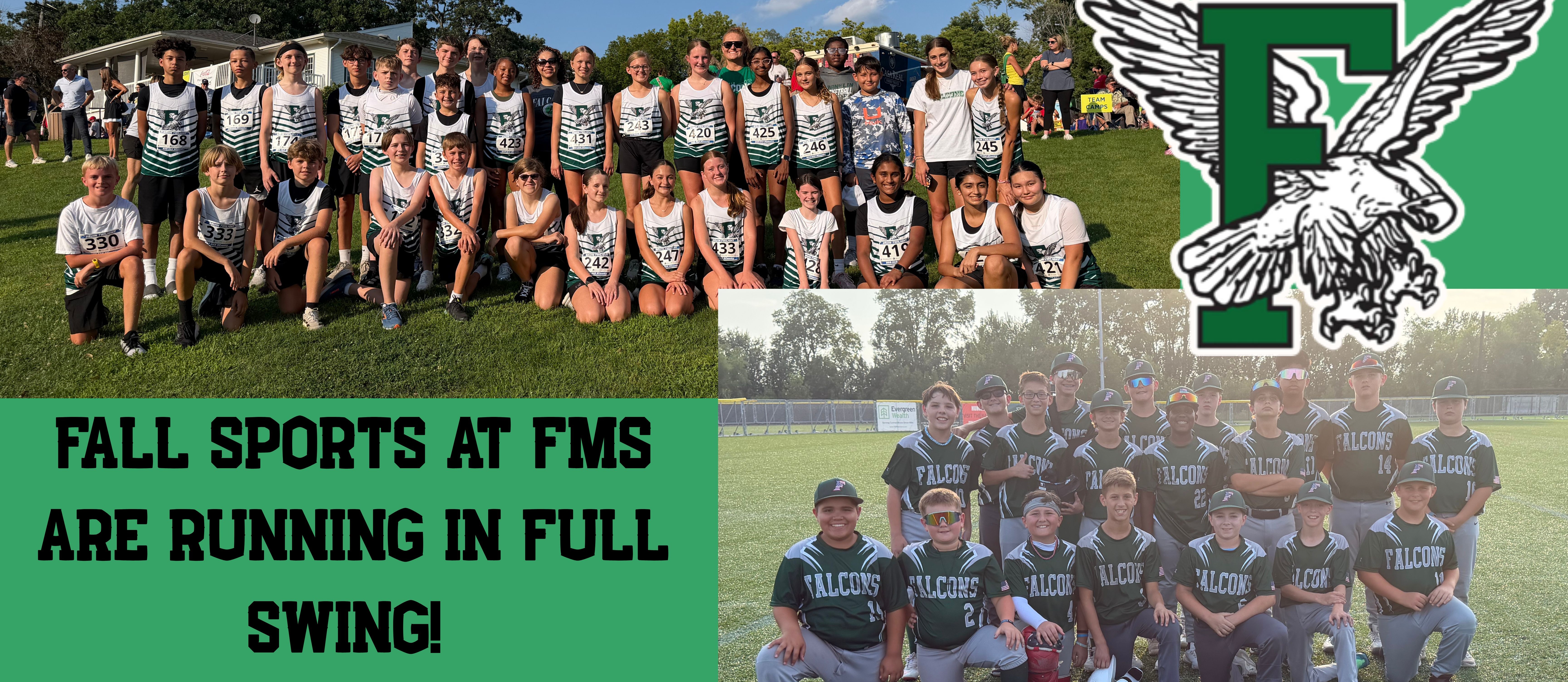 Two collages of sports teams. One larger group poses on a field, another smaller group in sports gear.