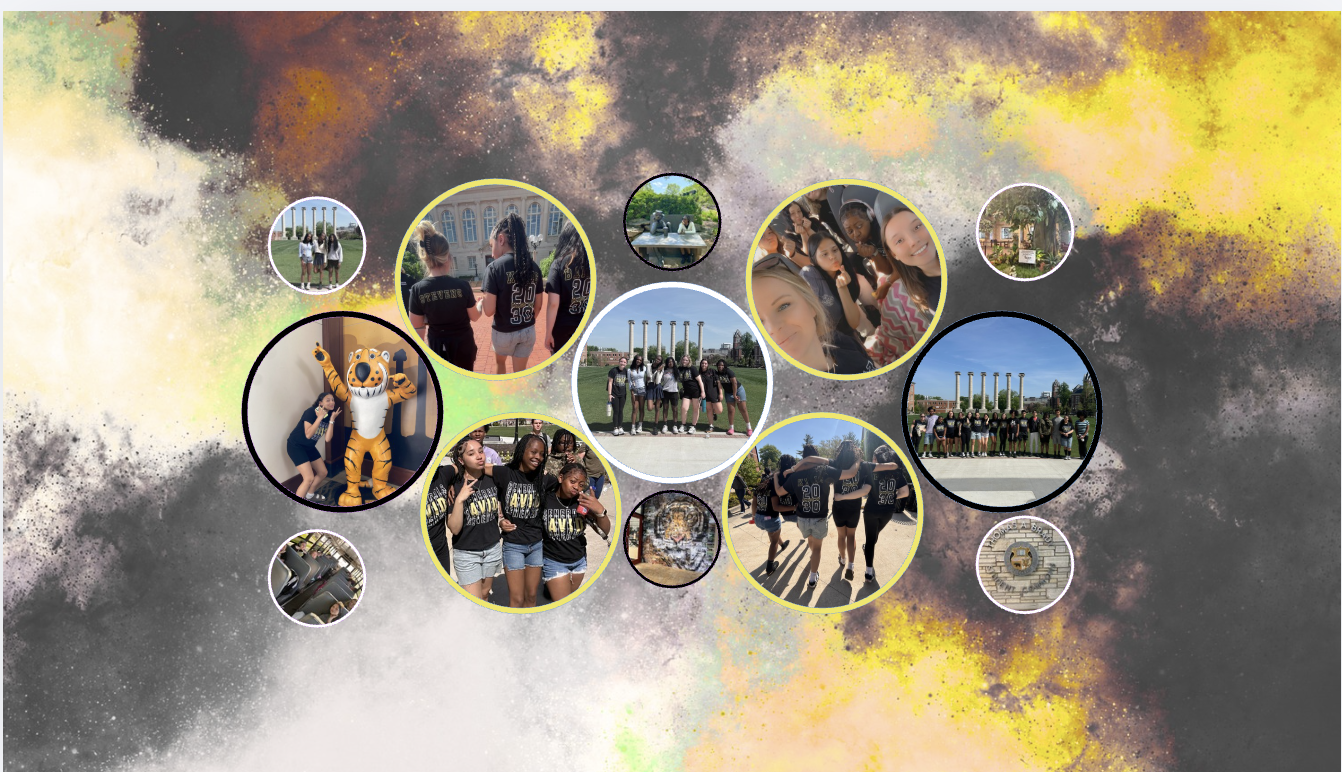 Collage of circular photos featuring people, a mascot, and group activities set against a colorful background.