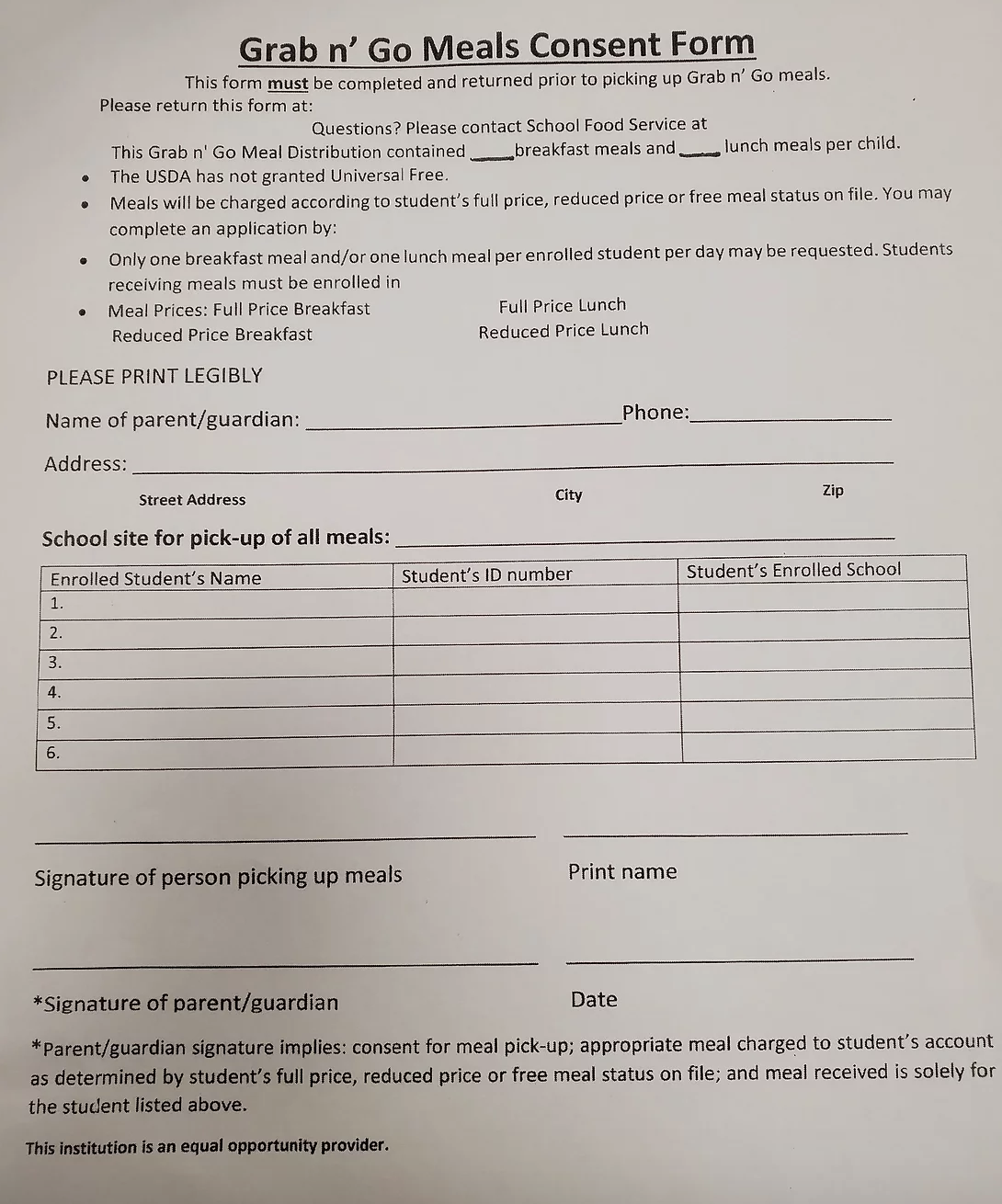 Grab N Go Meals Consent Form | Claiborne Fundamental Magnet Elementary