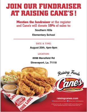 Raising Can'e August 20th from 4-9 Just mention Southern Hills for our fundraiser!