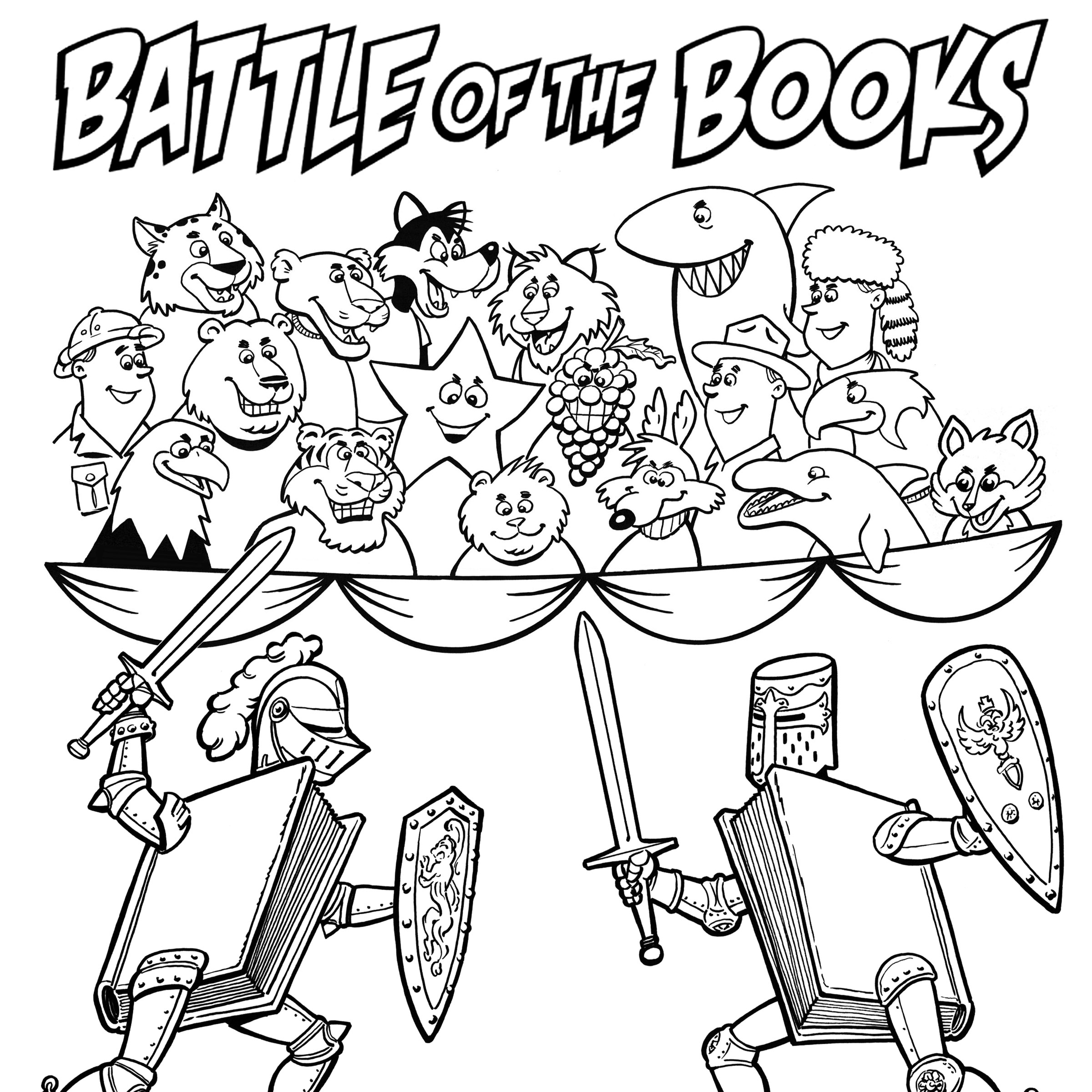 Text: Bate of the Text reads "Battle of the Books" with mascots from Etiwanda Schools observing two knights  with books for bodies and shields and swords battle elow.