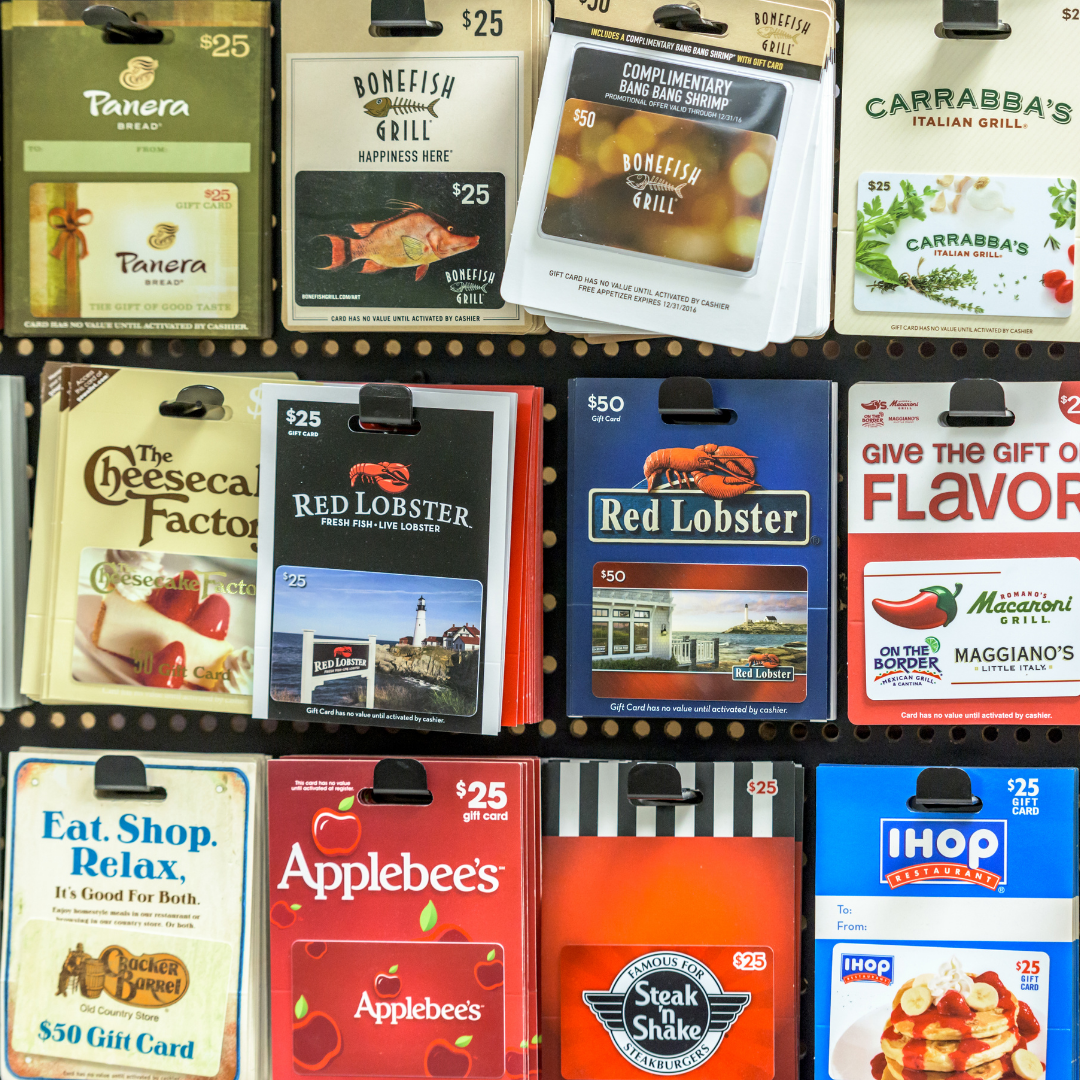 Picture of gift cards for  Panera, Bonefish Grill, Carrabba's Italian Grill, The Cheesecake Factory, Red Lobster, Macaroni Grill, On the Border, Cracker Barrel, Applebee's, Steak 'n Shake, and IHOP.