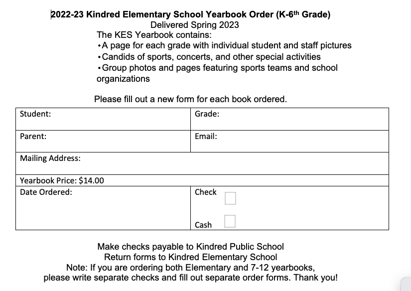 Yearbook Order Forms Kindred Public School District 2