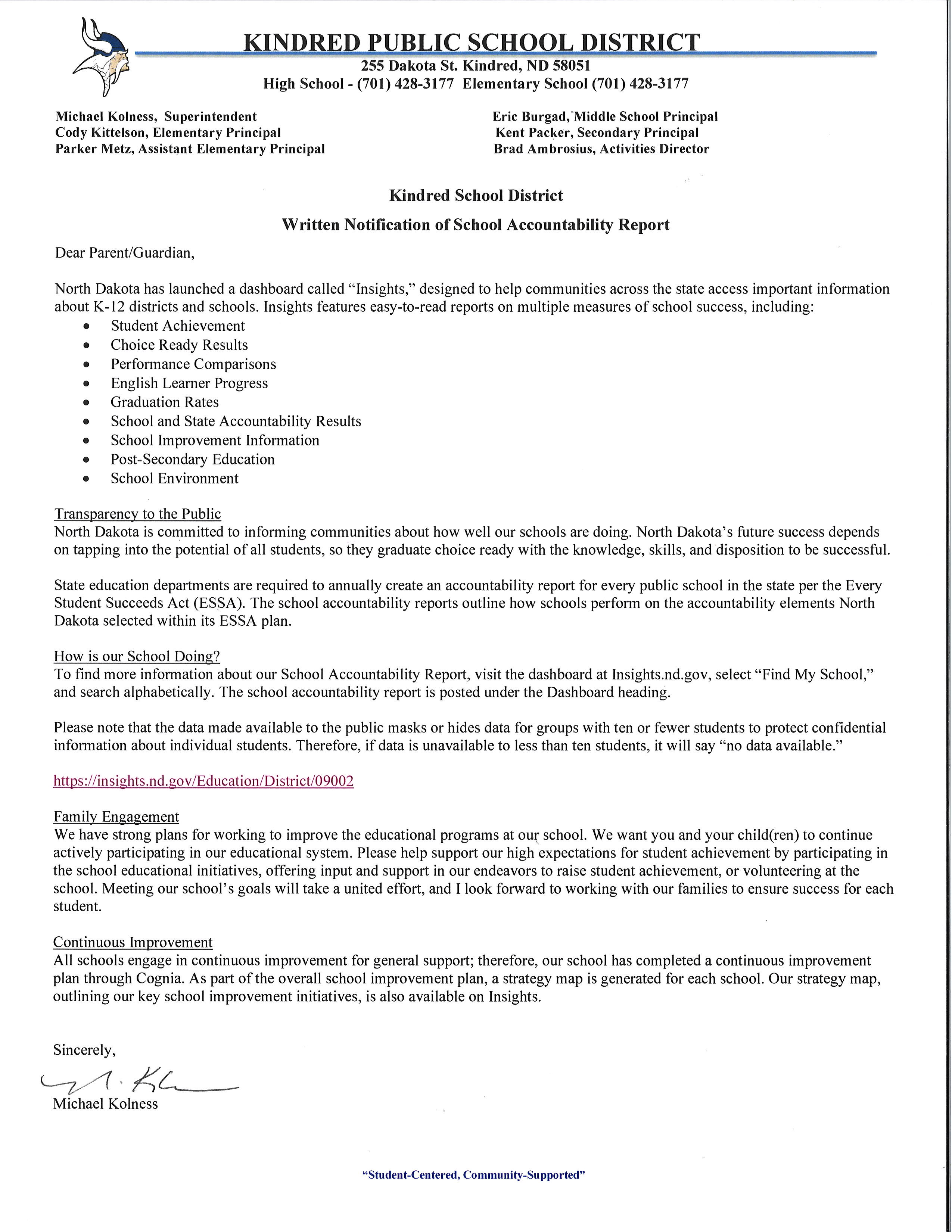 Written notification of school accountability report