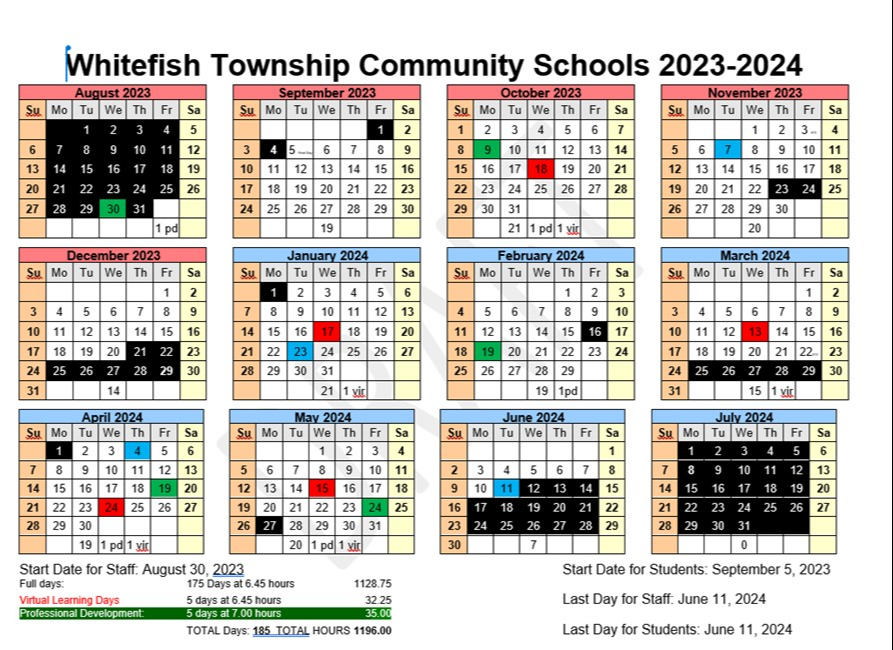 School Calendar Whitefish Township Community Schools