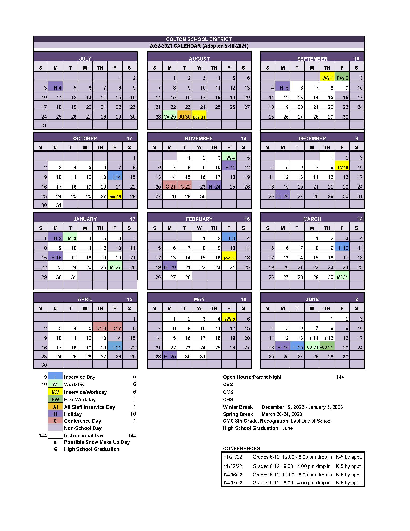 Calendar Colton School District 53