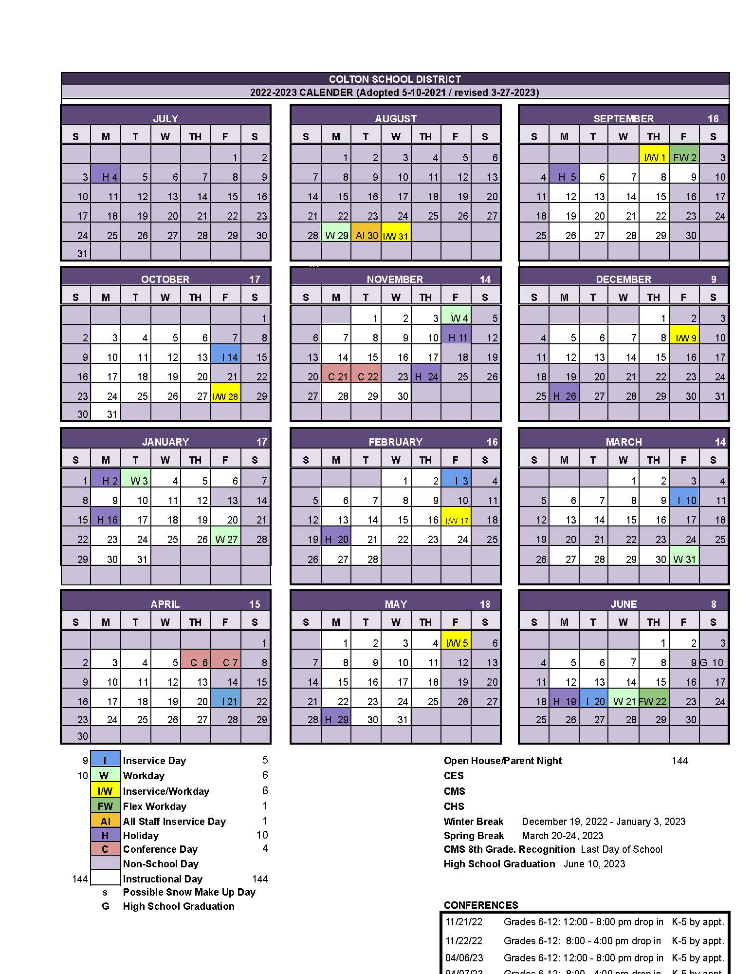 Calendar | Colton School District 53