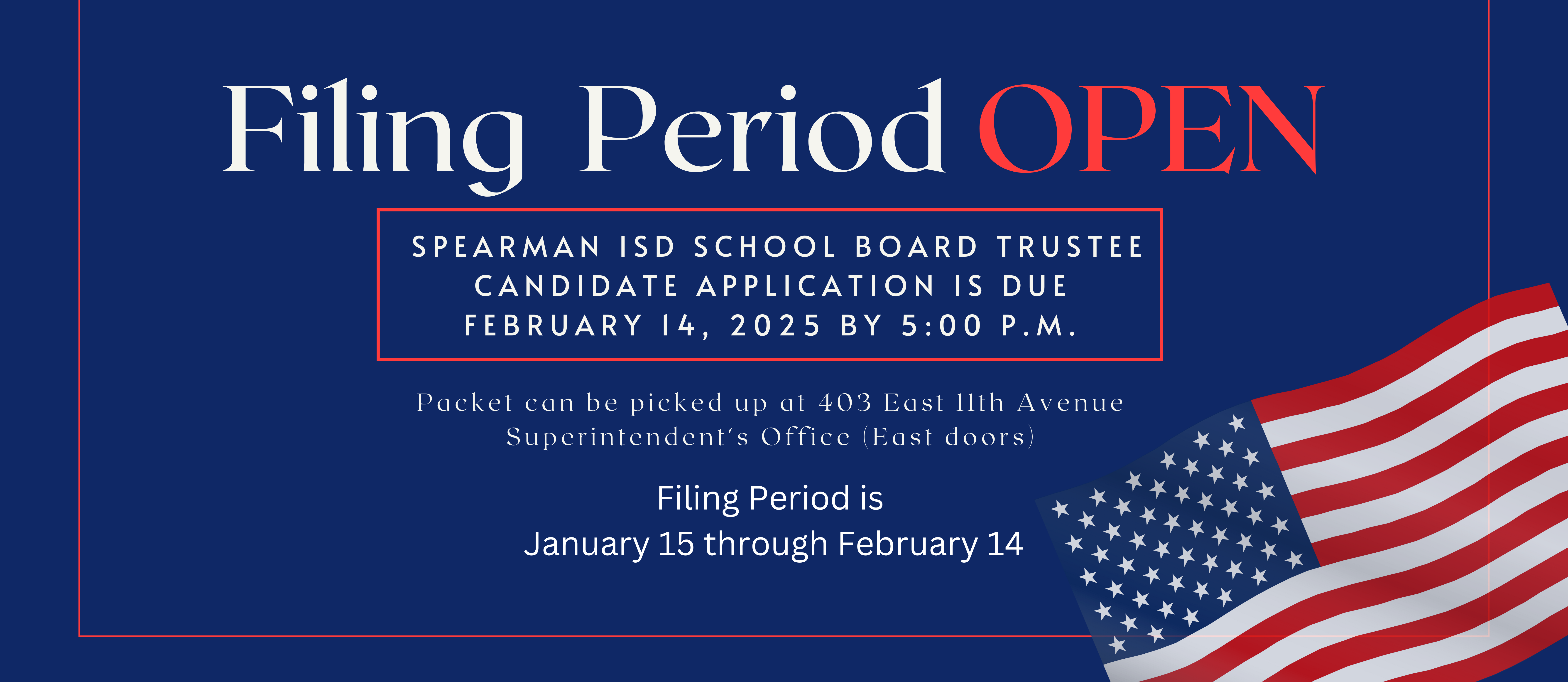 Filing Period Open Jan 15 - Feb 14 to file application for School Board