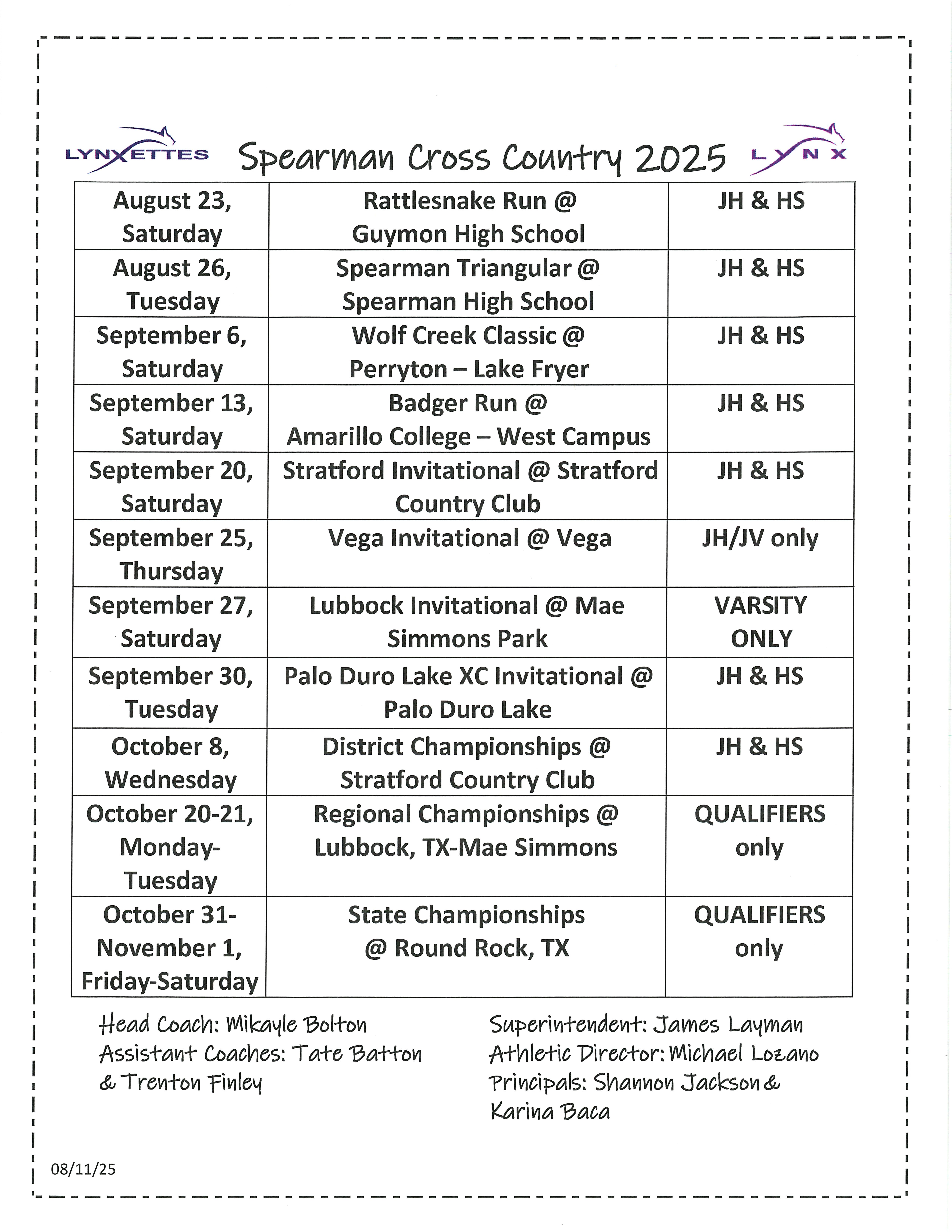 2025 XC Schedule
