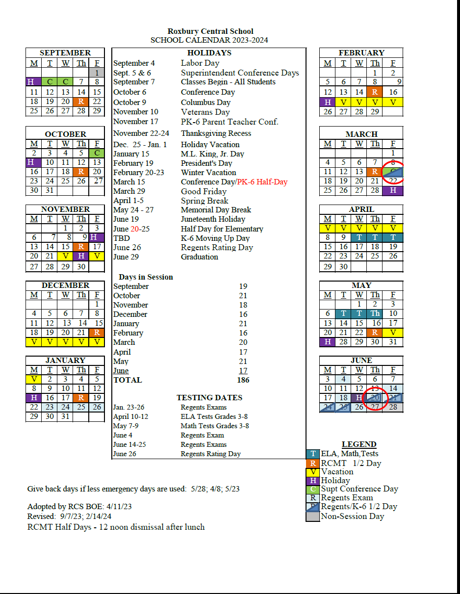 20232024 RCS Calendar Roxbury Central School