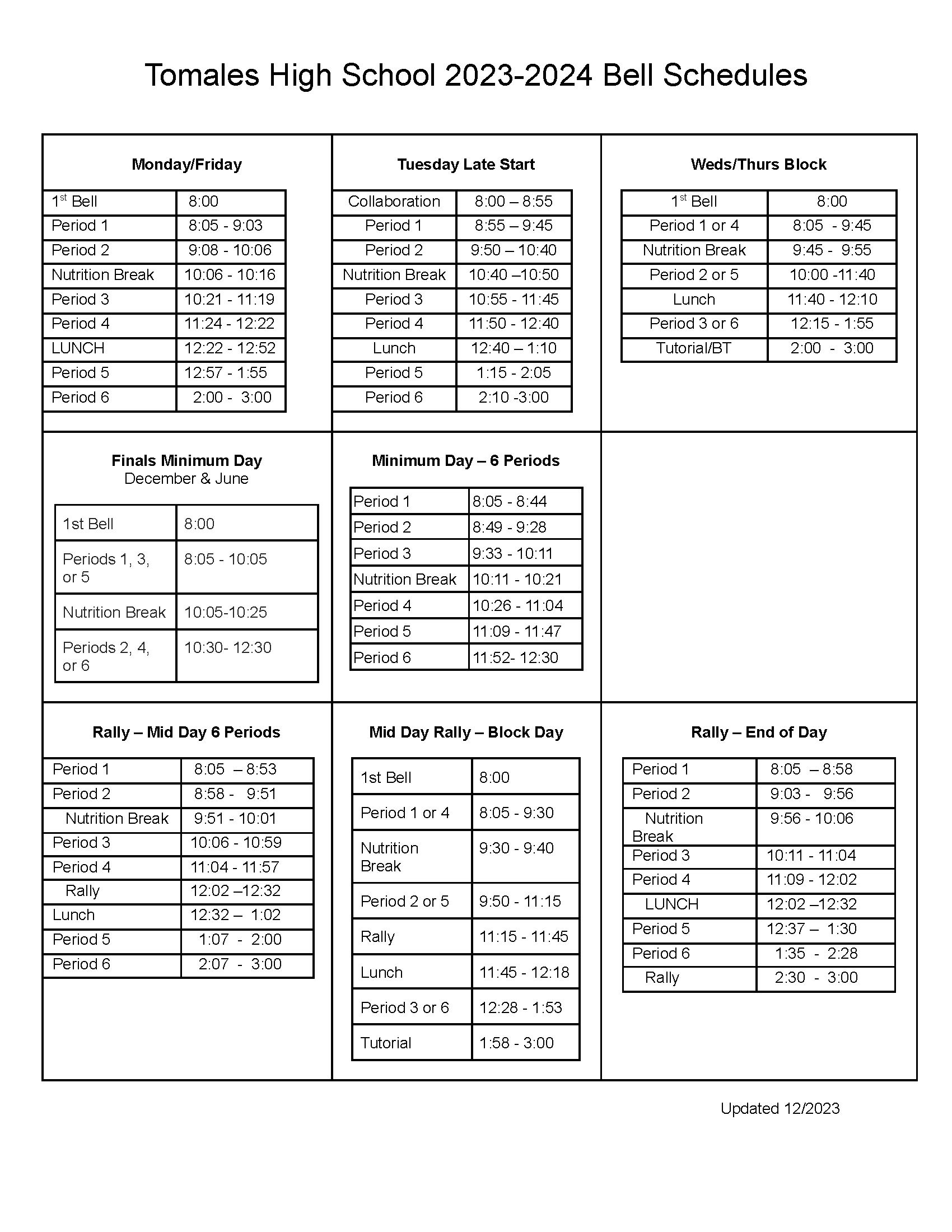 Bell Schedule Tomales High School