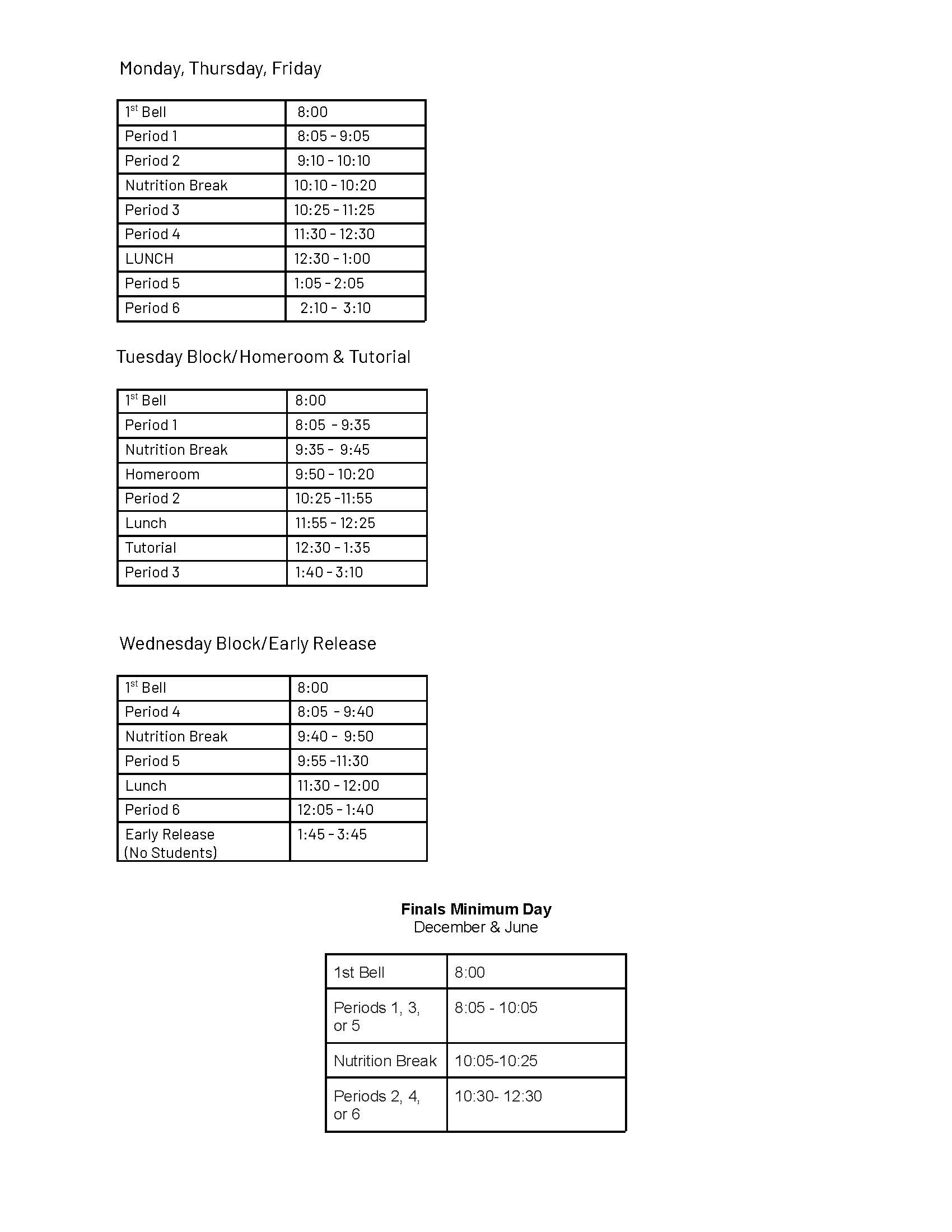 Bell Schedule Tomales High School