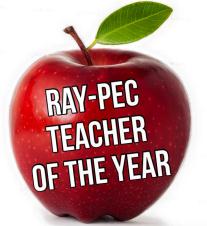 Apple with the words "Ray-Pec Teacher of the Year"