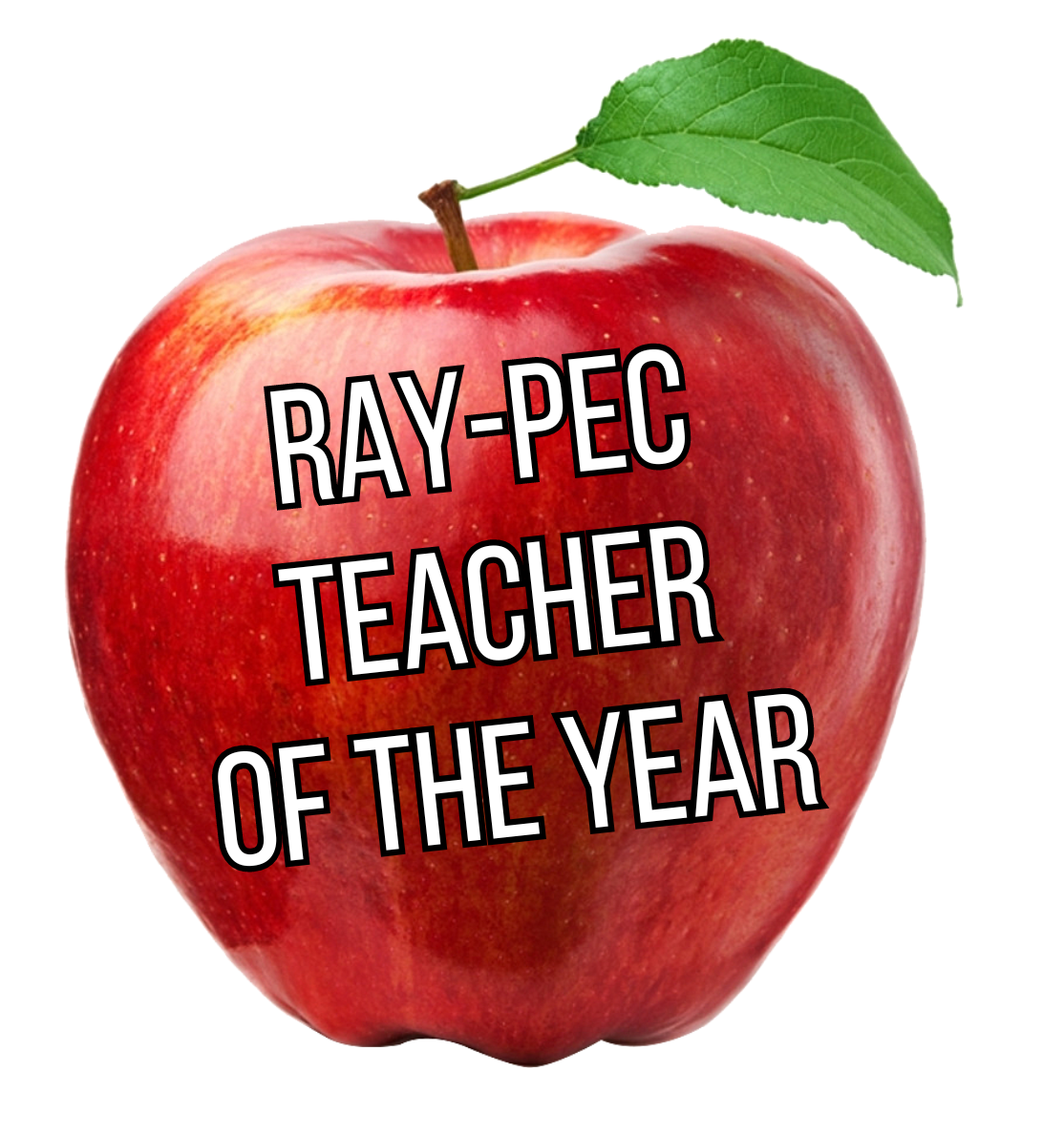 Apple with the text "Ray-Pec Teacher of the Year"