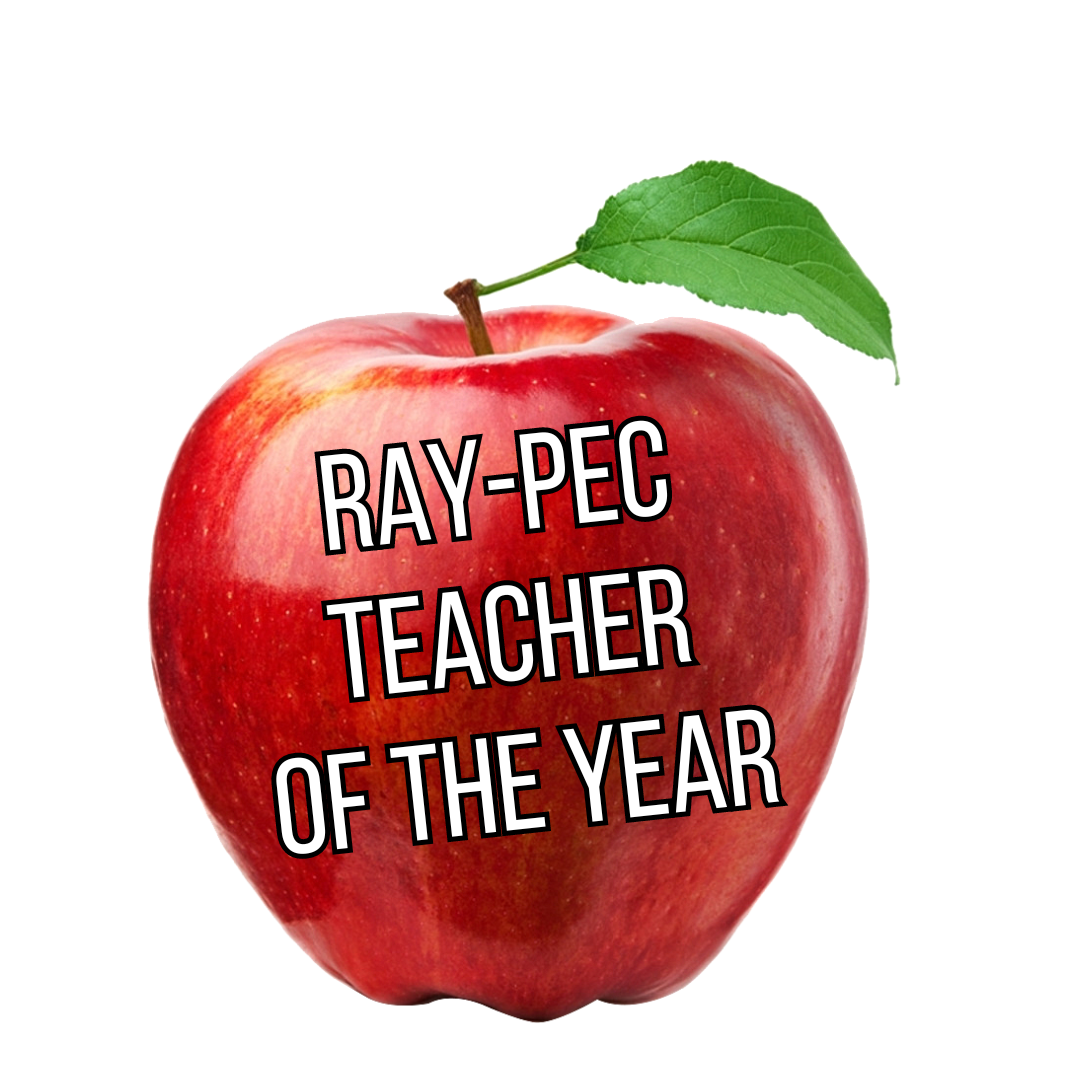 Apple with the words "Ray-Pec Teacher of the Year"