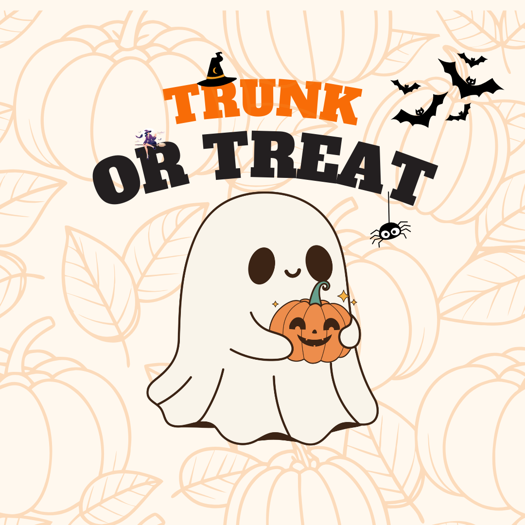 Friendly ghost holding a jack-o-lantern with the words "trunk or treat"